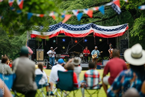 Wallpaper Mural image of patriotic 4th of July concert in a park, with musicians performing on a stage decorated in red, white, and blue, and an enthusiastic crowd waving flags and enjoying the music Torontodigital.ca
