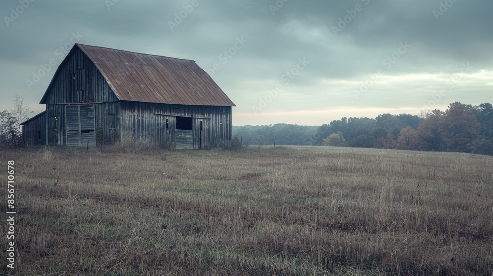 An old barn standing in a green field surrounded by tall trees An old barn standing in a green field surrounded by tall trees