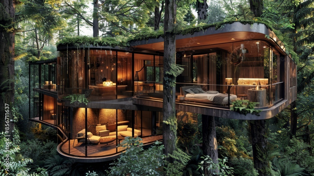 Luxury treehouse with stylish interior design, modern glass walls, nestled in the forest, raw style, detailed textures, elegant and cozy Luxury treehouse with stylish interior design, modern glass walls, nestled in the forest, raw style, detailed textures, elegant and cozy