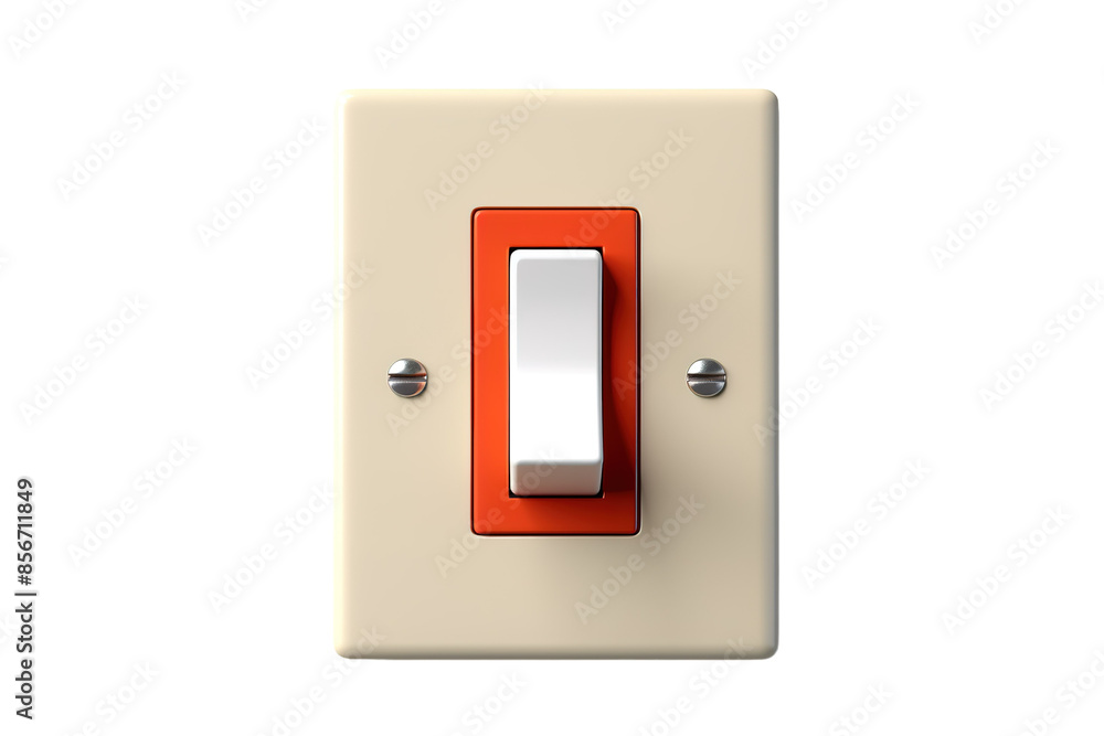 A Single Cream-Colored Light Switch With an Orange Surround and a White Toggle on a Clear PNG or White Background. A Single Cream-Colored Light Switch With an Orange Surround and a White Toggle on a Clear PNG or White Background.