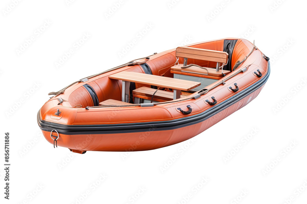 A Bright Orange Inflatable Boat Ready for Adventure on the Water on a Clear PNG or White Background. A Bright Orange Inflatable Boat Ready for Adventure on the Water on a Clear PNG or White Background.