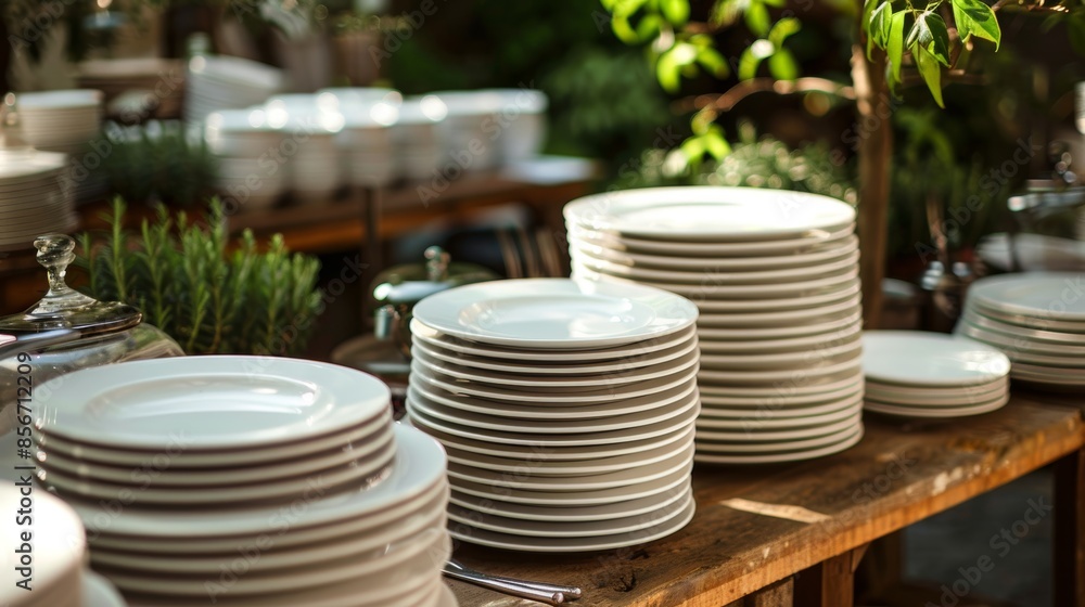 Modern catering setup with stacks of clean plates and serving dishes, ready for service, aesthetically arranged, raw and detailed Modern catering setup with stacks of clean plates and serving dishes, ready for service, aesthetically arranged, raw and detailed