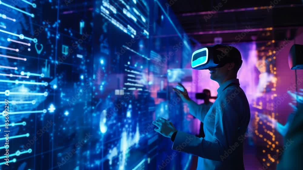 A man wearing VR headset interacting with digital holograms in a futuristic office setting, surrounded by immersive blue lights and high-tech visuals. A man wearing VR headset interacting with digital holograms in a futuristic office setting, surrounded by immersive blue lights and high-tech visuals.