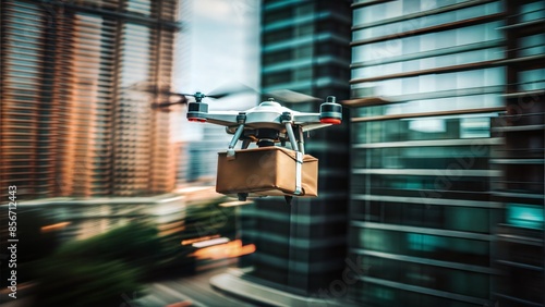 A high-speed drone with a delivery package hovers mid-air against a blurred cityscape, showcasing the dynamic and innovative approach to modern logistics and urban transportation. photo