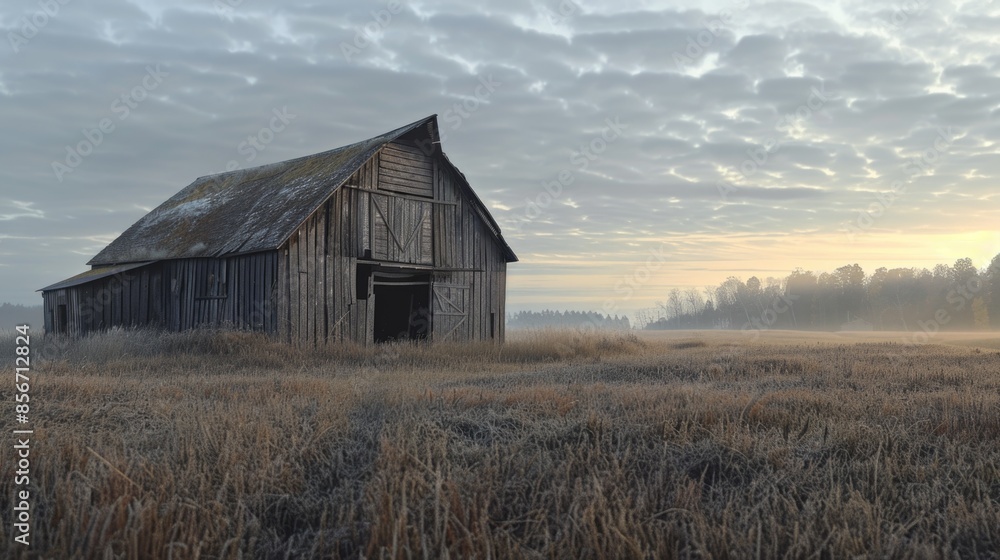 Rustic farm building in a green meadow, misty morning atmosphere Rustic farm building in a green meadow, misty morning atmosphere