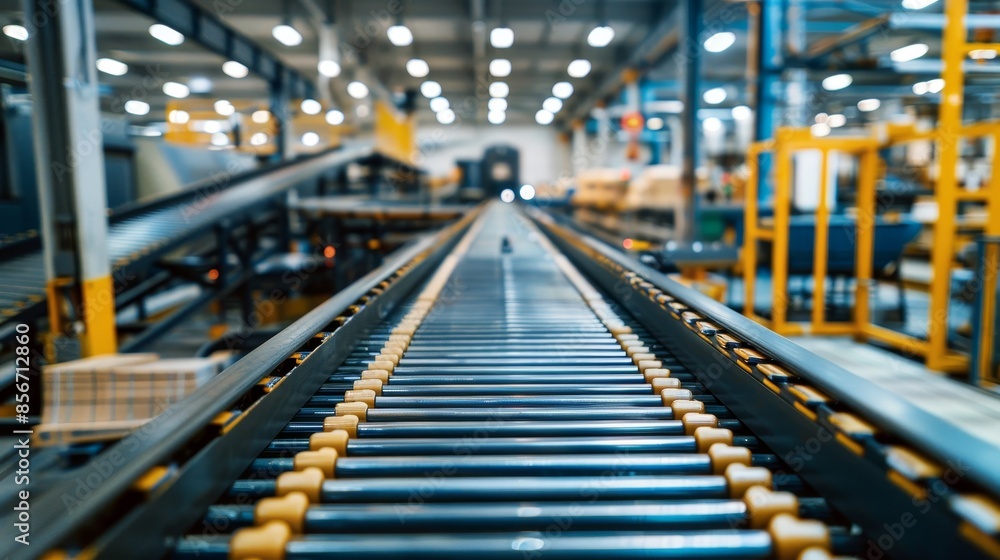 Modern smart factory with empty conveyor belts, showcasing advanced automation and efficient production line, industrial theme, raw texture Modern smart factory with empty conveyor belts, showcasing advanced automation and efficient production line, industrial theme, raw texture