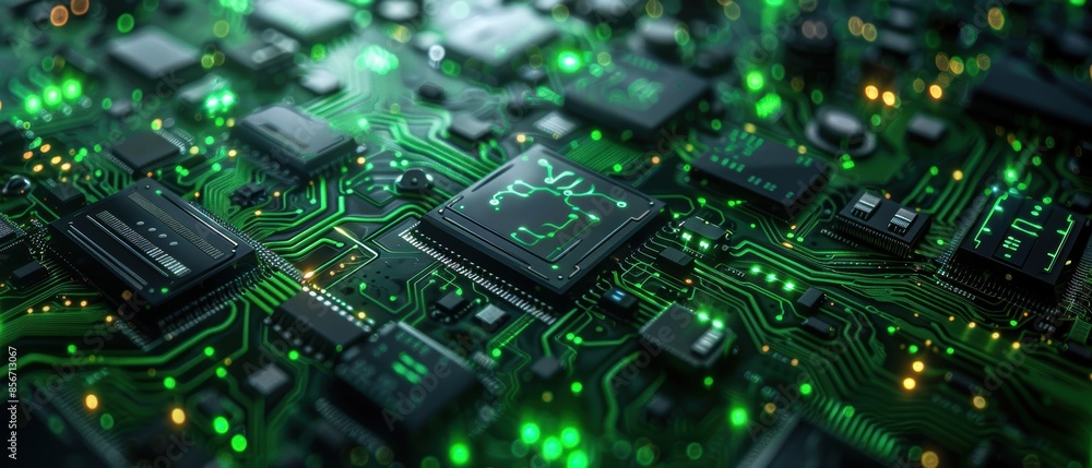 Green Circuit Board with Glowing Chips. Green Circuit Board with Glowing Chips.