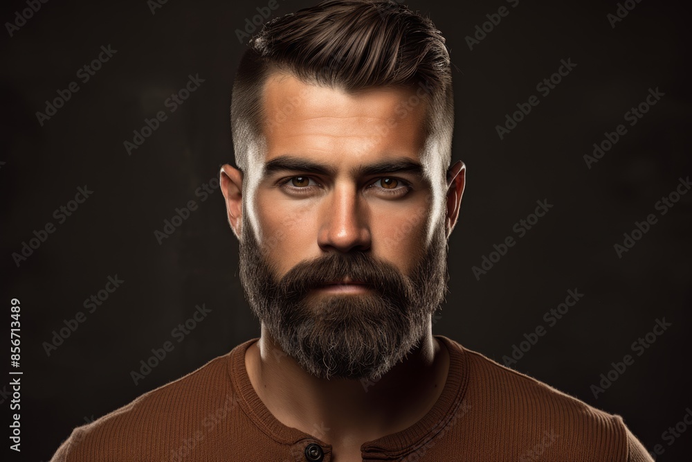 Fototapeta premium Trendy well-groomed beard and mustache on a dark olive background