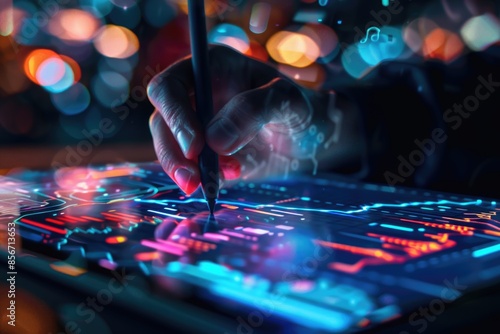 A person draws on a glowing surface using a pen, creating unique digital art