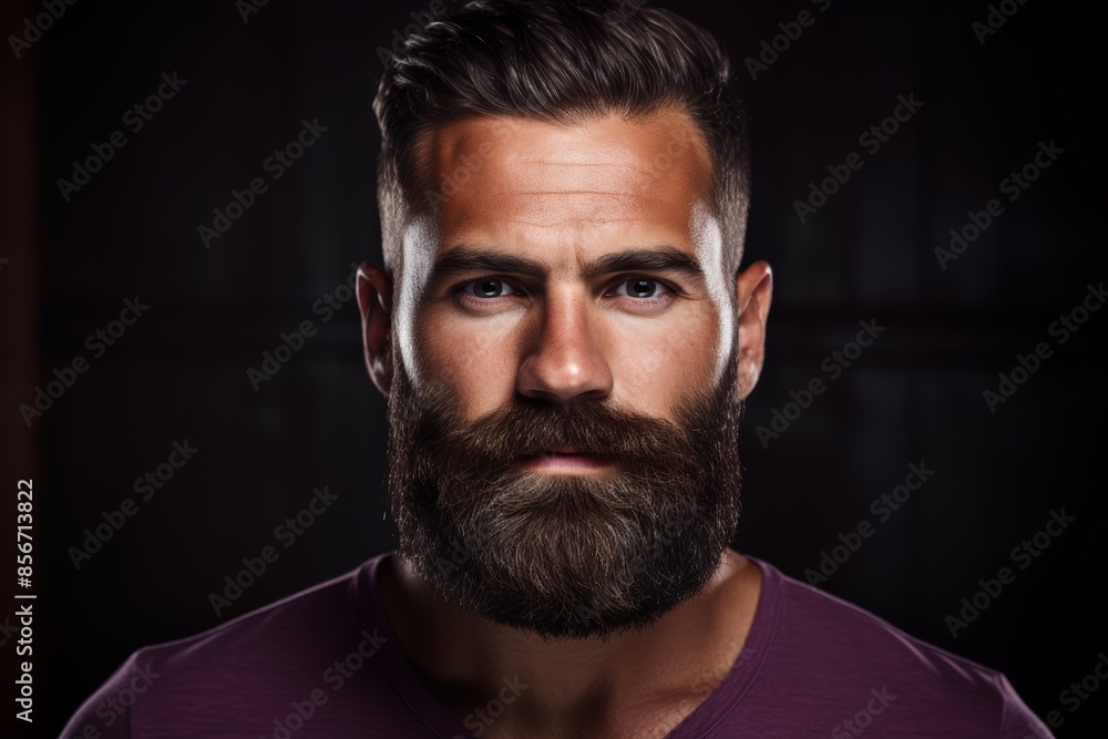 Trendy thick, well-groomed beard and mustache on a dark plum background Trendy thick, well-groomed beard and mustache on a dark plum background