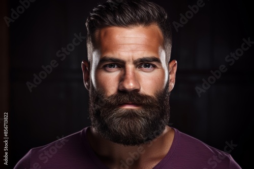 Trendy thick, well-groomed beard and mustache on a dark plum background