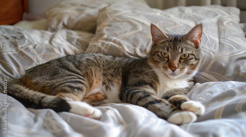 Multicolored domestic cat on bed gazing at camera Multicolored domestic cat on bed gazing at camera