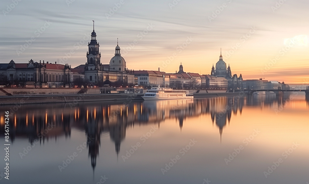 Fototapeta premium nacht, stadt, fluss, architektur, europa, brücke, sachsen, illustrativ, ki, fiktkiv, semperoper, brühlische terasse, schiffe, dresden, elbe, elbtal, kirche, wasser, burg, prag, cathedral, emporragen, 