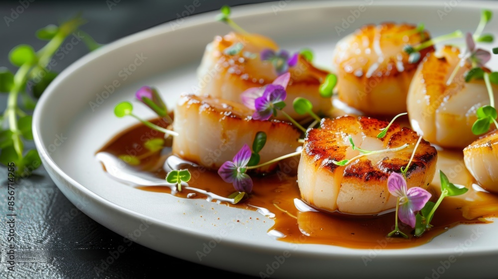 Seared Scallops with Edible Flowers and Sauce Seared Scallops with Edible Flowers and Sauce