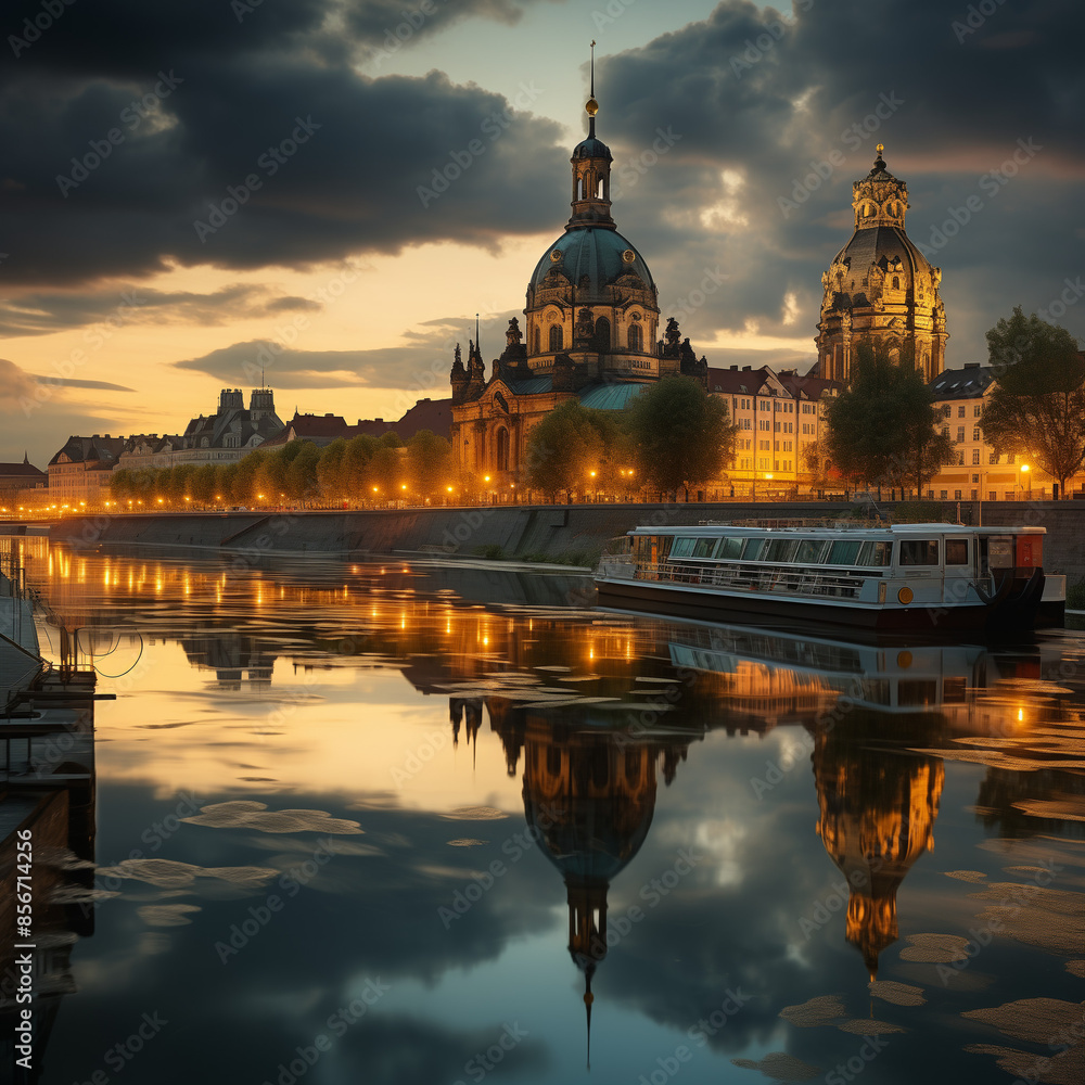 Fototapeta premium nacht, stadt, fluss, architektur, europa, brücke, sachsen, illustrativ, ki, fiktkiv, semperoper, brühlische terasse, schiffe, dresden, elbe, elbtal, kirche, wasser, burg, prag, cathedral, emporragen, 