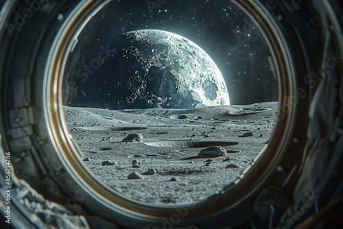 Stunning View of the Moon's Surface with Earth in the Background, Seen Through a Spacecraft Window 