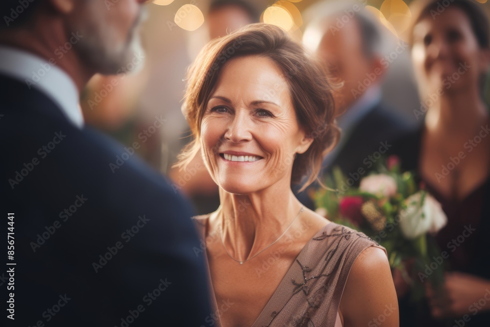Portrait of a middle-aged mother, smiling through tears at her child's wedding in the blurred background Portrait of a middle-aged mother, smiling through tears at her child's wedding in the blurred background