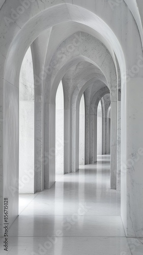 A long hallway with white marble columns and arches.