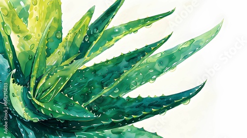 hand drawn watercolor green aloe vera isolated on white background photo