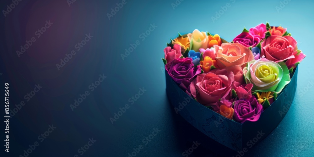 Fototapeta premium Rainbow-Colored Heart-Shaped Flower Gift Box on Dark Background, Symbolizing Pride, LGBTQ+ Inclusivity, and Romance. Perfect for Valentine's Day, Christmas, National Day, Birthdays, and Mother's Day. 