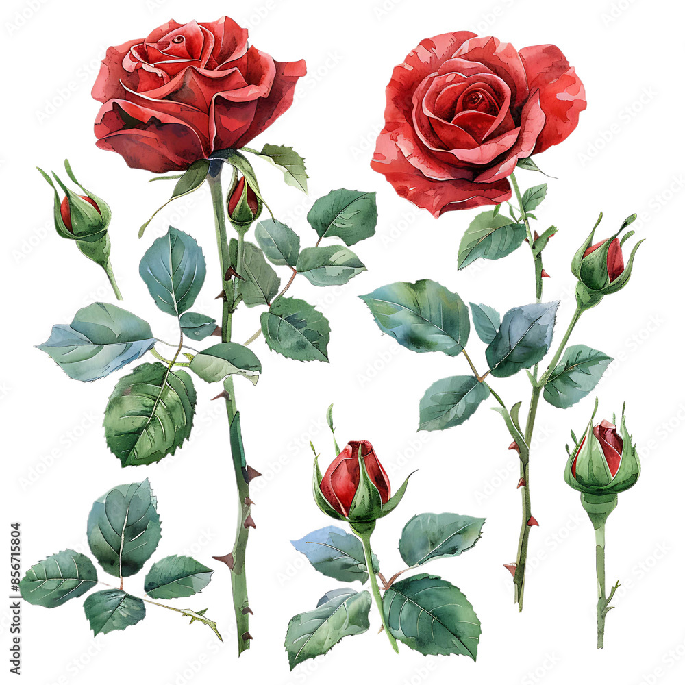 Set of red rose flower and elements - leaves, buds on transparent background. Watercolor illustration for Valentine day, Mother day, wedding, save date card, birthday or anniversary poster Set of red rose flower and elements - leaves, buds on transparent background. Watercolor illustration for Valentine day, Mother day, wedding, save date card, birthday or anniversary poster