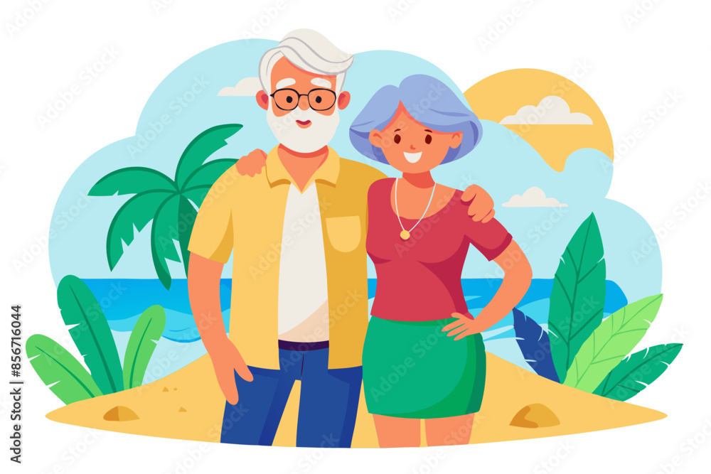 Joyful senior couple posing together on a sunny beach white background modern flat design simple vector illustration isolated transparent background; Joyful senior couple posing together on a sunny beach white background modern flat design simple vector illustration isolated transparent background;