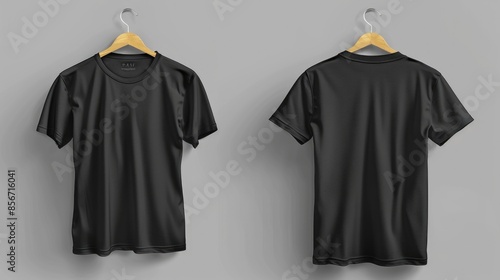 Two black t-shirts hung on a hanger, suitable for fashion, interior or lifestyle photography