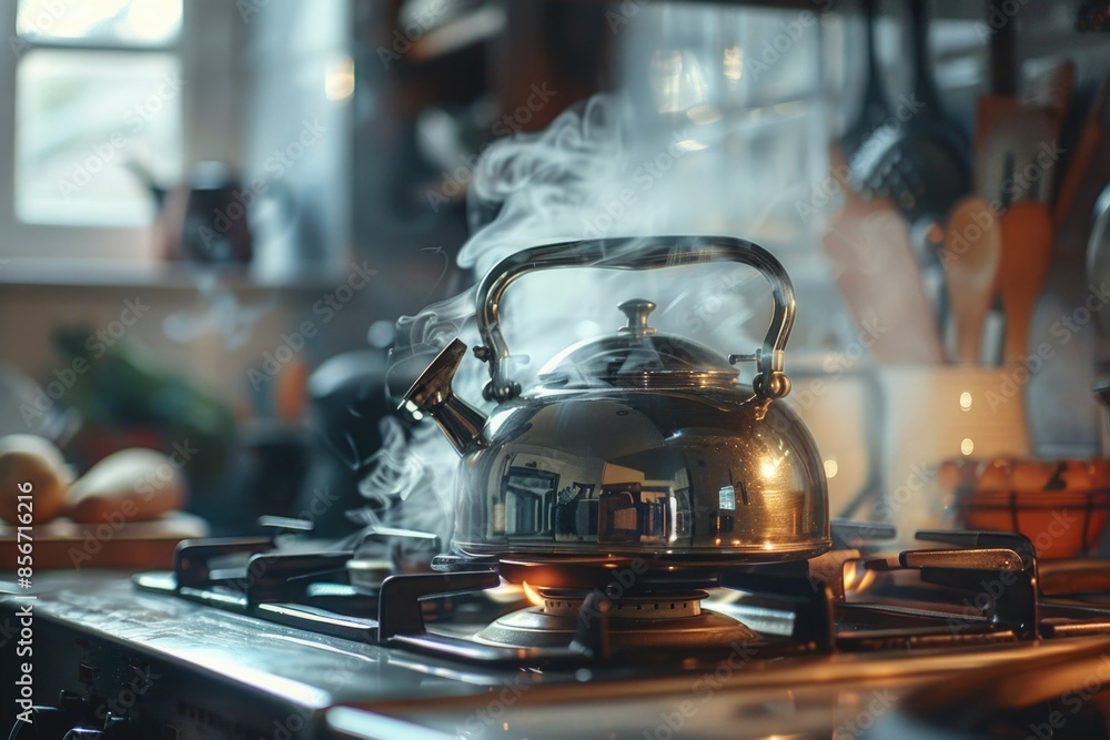 A tea kettle is boiling on a stove with steam rising A tea kettle is boiling on a stove with steam rising