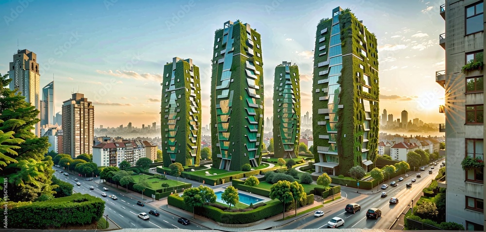 Obraz premium conceptual representation of a futuristic energetic apartment building with a planted facade to regulate the temperature and create green spaces for natural diversity