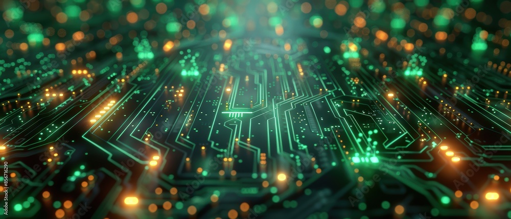 Green Circuit Board with Glowing Lights. Green Circuit Board with Glowing Lights.