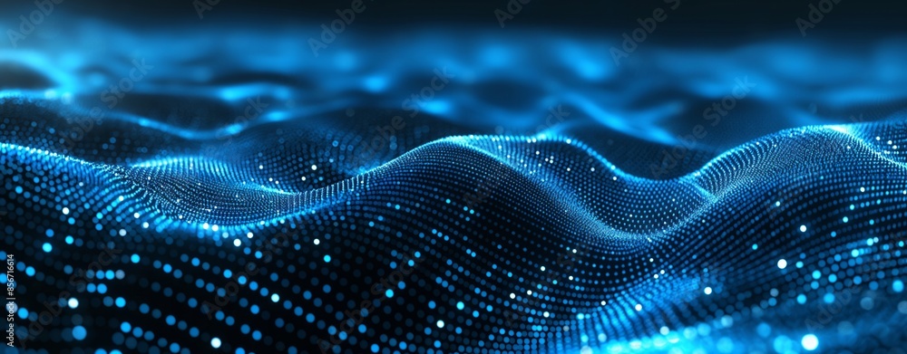 Blue digital waves with glittering lights creating a sense of movement and depth, perfect for technology and digital-themed projects. Blue digital waves with glittering lights creating a sense of movement and depth, perfect for technology and digital-themed projects.