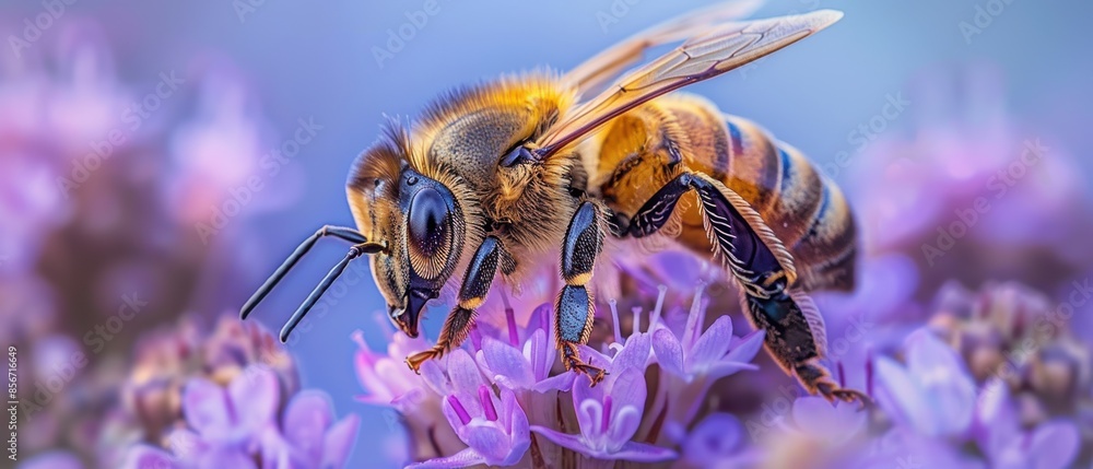 Naklejka premium Honeybee Collecting Pollen on Purple Flower.
