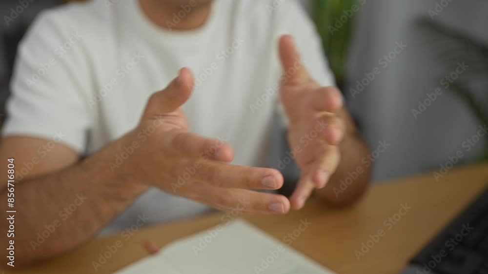Man in white shirt gesturing with his hands over a notebook in an office setting, giving the impression of a discussion or explanation. Man in white shirt gesturing with his hands over a notebook in an office setting, giving the impression of a discussion or explanation.