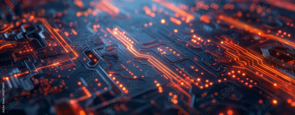 Close-up view of a circuit board with glowing red and orange pathways, perfect for technology, electronics, and digital-themed projects. Close-up view of a circuit board with glowing red and orange pathways, perfect for technology, electronics, and digital-themed projects.