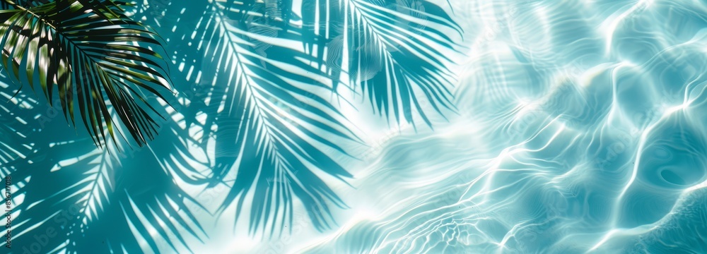 Naklejka premium Close-up shadows of palm fronds on the water, blurred backgrounds and banners containing areas of replicated space. Soft blue style for summer concept.