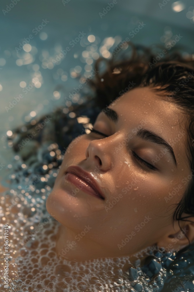 A woman lying down in still waters, eyes closed for relaxation A woman lying down in still waters, eyes closed for relaxation