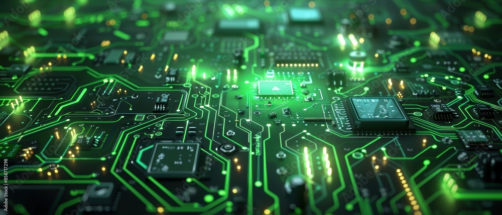Green Circuit Board with Glowing Lines and Chips. Green Circuit Board with Glowing Lines and Chips.