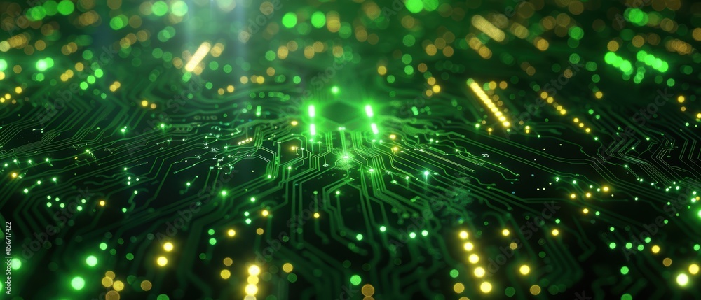 Green Circuit Board with Glowing Lights. Green Circuit Board with Glowing Lights.