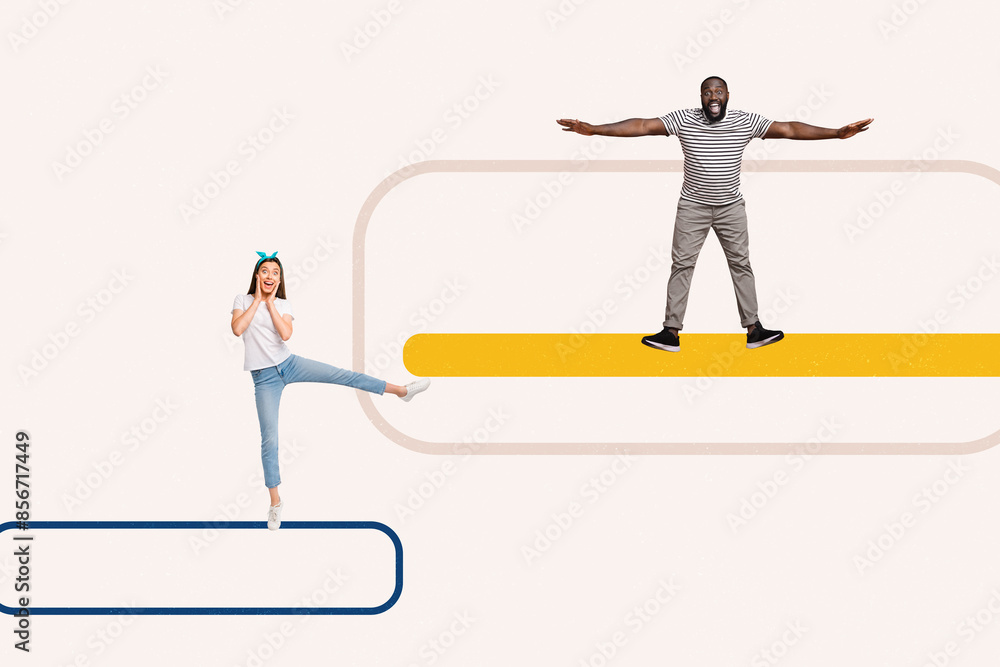 Composite artwork collage image picture of two mini people dialogue bubble platform isolated on creative background Composite artwork collage image picture of two mini people dialogue bubble platform isolated on creative background