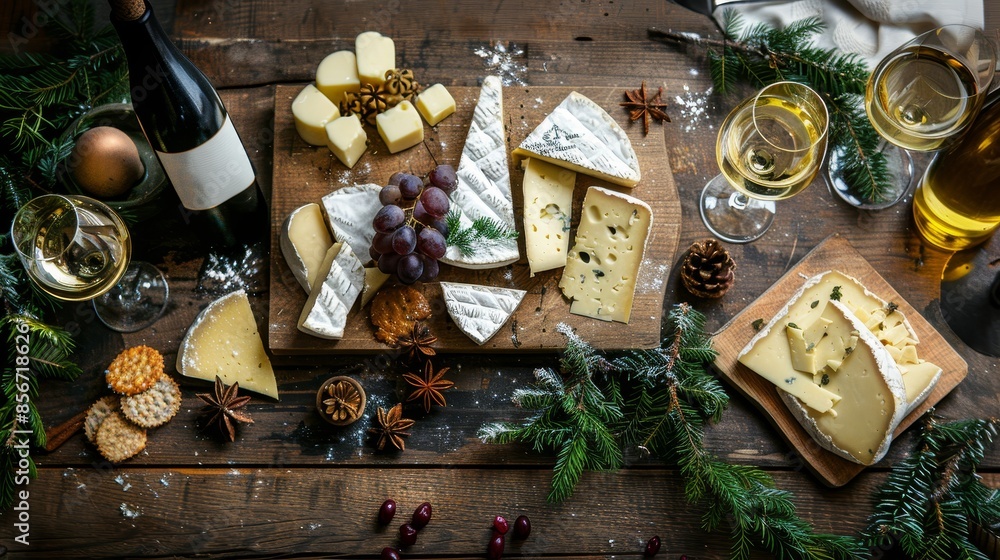 Elegant winter wine and cheese setup viewed from above, ready for restaurant service, including a variety of wines and cheeses, raw and sophisticated Elegant winter wine and cheese setup viewed from above, ready for restaurant service, including a variety of wines and cheeses, raw and sophisticated