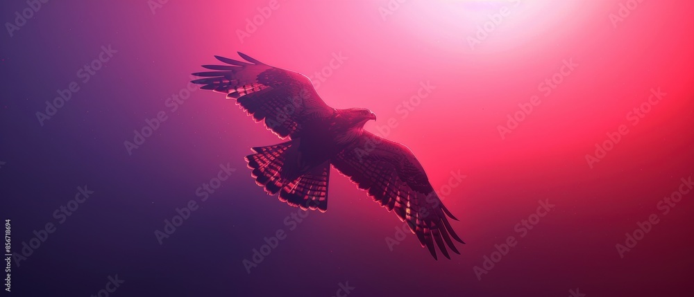 Fototapeta premium Hawk Silhouetted Against a Pink and Purple Sky.