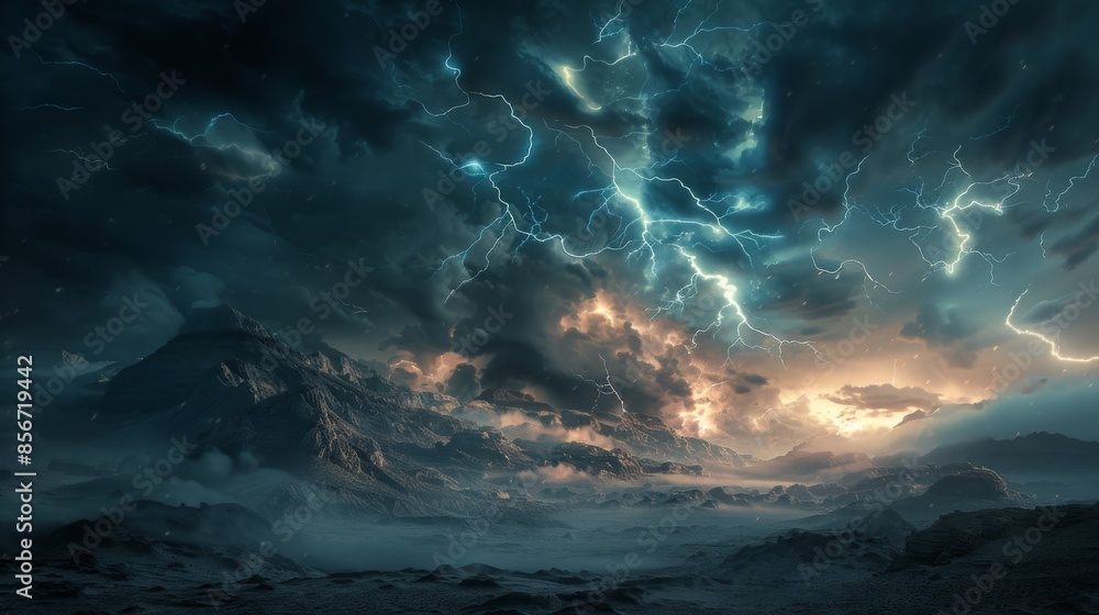 Epic Mountain Landscape with Dramatic Lightning Storm Epic Mountain Landscape with Dramatic Lightning Storm