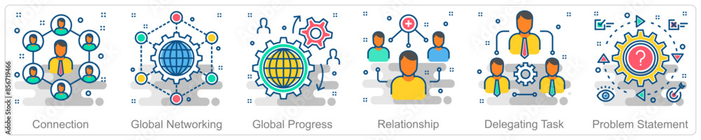 A set of 6 Business icons as connection, global networking, global progress A set of 6 Business icons as connection, global networking, global progress