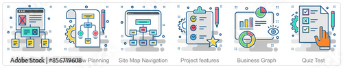 A set of 6 Business icons as wireframe, workflow planning, site map navigation