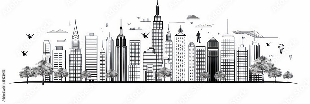 cityscape background, City buildings and trees at city view. Monochrome urban landscape with clouds in the sky. Modern architectural flat style vector illustration. cityscape background, City buildings and trees at city view. Monochrome urban landscape with clouds in the sky. Modern architectural flat style vector illustration.