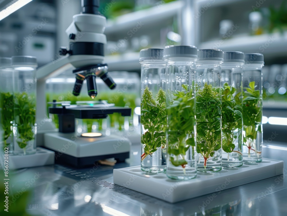 Modern laboratory with plant tissue culture under microscopes Modern laboratory with plant tissue culture under microscopes