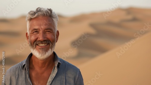 A smiling older man with gray hair and beard in a desert landscape, symbolizing resilience and joy, perfect for lifestyle and travel-themed projects.