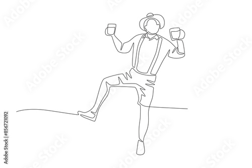 Man dancing with two gear glasses. Oktoberfest concept one-line drawing