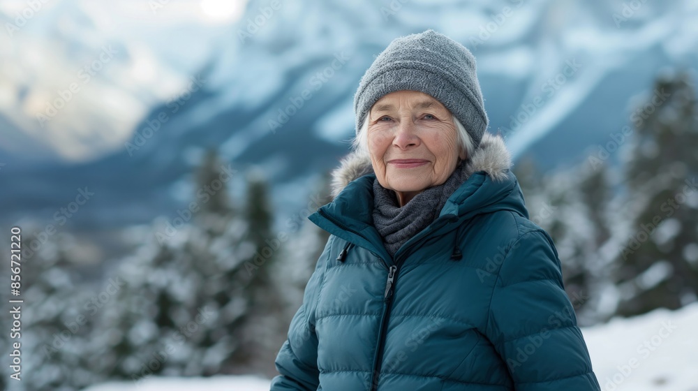 A joyful older woman with long gray hair smiling in a winter landscape with mountains and trees in the background, perfect for lifestyle and nature-themed projects. A joyful older woman with long gray hair smiling in a winter landscape with mountains and trees in the background, perfect for lifestyle and nature-themed projects.