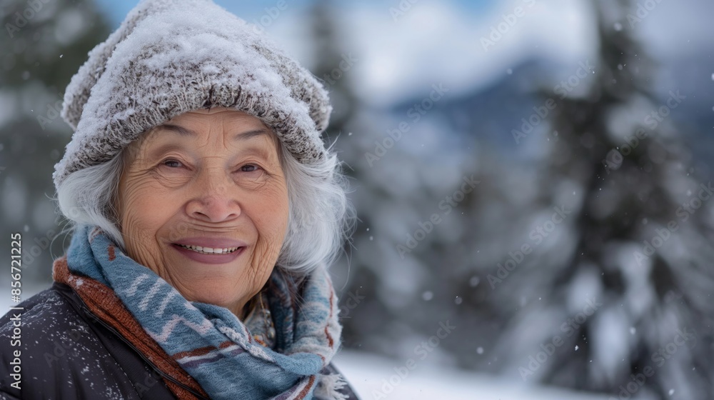Fototapeta premium A joyful older woman with long gray hair smiling in a winter landscape with mountains and trees in the background, perfect for lifestyle and nature-themed projects.